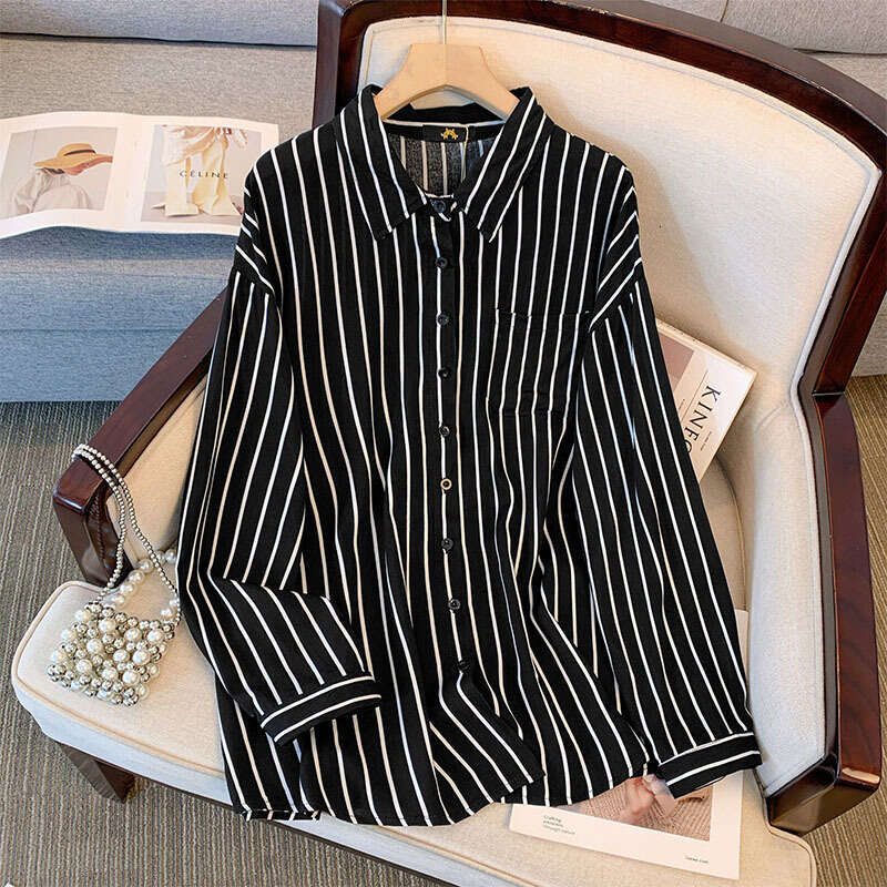 150Kg Plus Size Women's Bust 157 Autumn Striped Casual Shirt Long Sleeve Top Black 6Xl 7Xl 8Xl 9Xl 10Xl