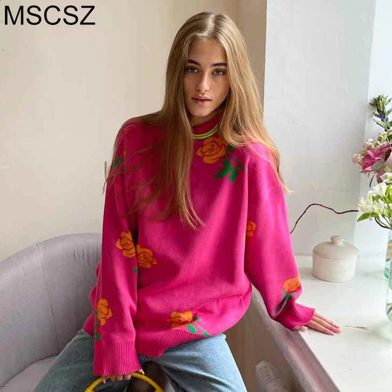 MSCSZ Vintage Floral Sweater Women Fashion Loose Knitted Jumper O-Neck Long Sleeve Pullover Knitwear Winter Clothes Women 2024 240904