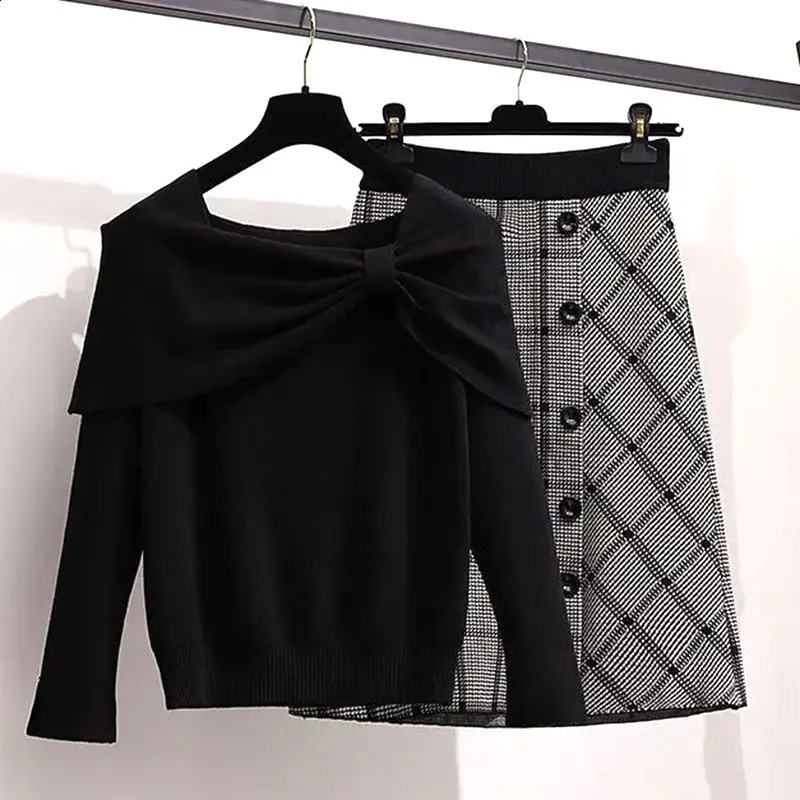 Red Bow Slant Neck Knitted Long Sleeve Floral Womens Sweater Black Checkered High Waist Womens Two Piece Set Long Sleeve Skiing 240905