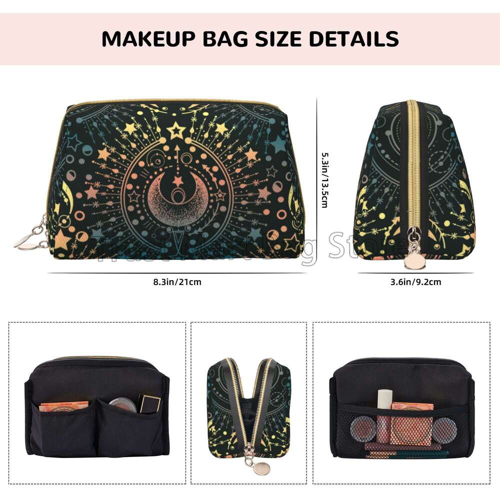 Moon & Star Alchemy Magical Leather Travel Cosmetic Black Skull Moth Large Capacity Waterproof Toiletry Bag Makeup Pouch