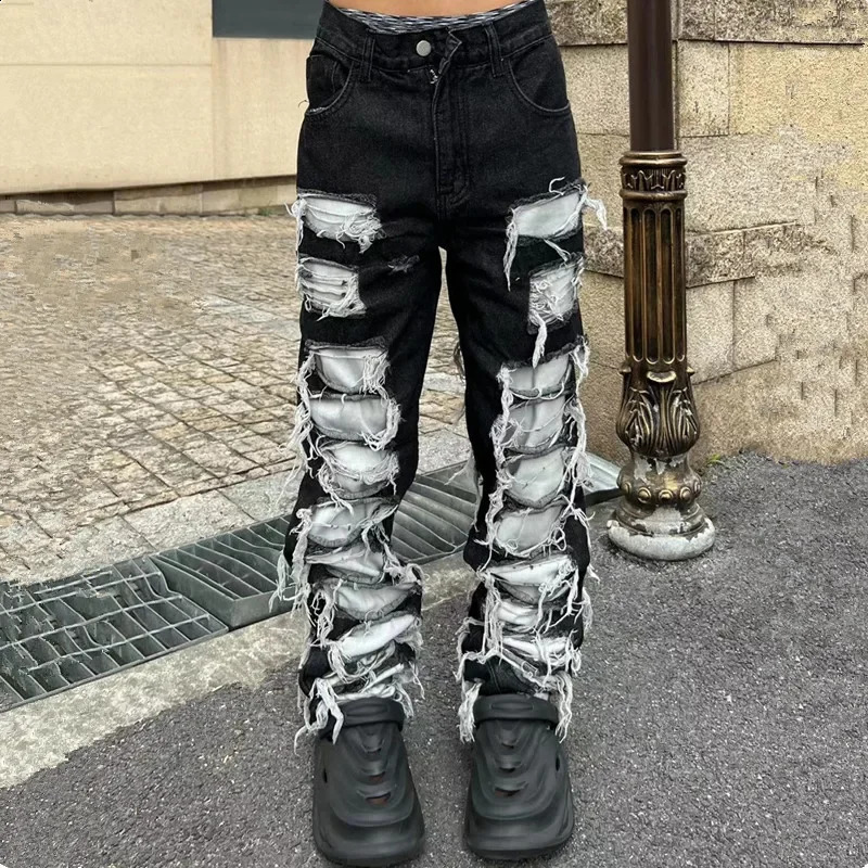 Ropa Grunge Y2K Streetwear Baggy Stacked Ripped Jeans Pants Men Clothing Straight Washed Blue Denim Trousers Pantaloni Uomo 240912