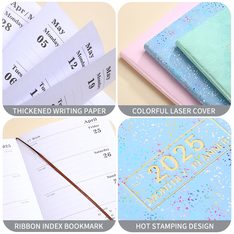 2025 a5 laser English calendar book colorful star color plan book thin leather weekly calendar notebook