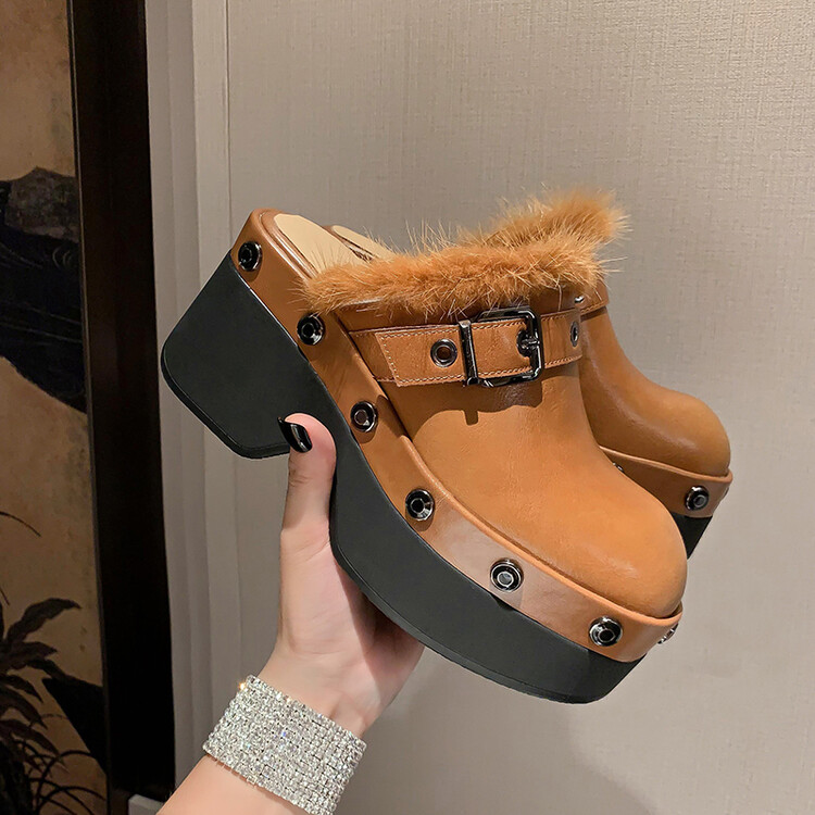Style Punk Cowhide Rivet Metal Buckle Decorative Slippers 2023 New Women's Fashion Waterproof Platform 8cm Thick Heel Sandals 487e