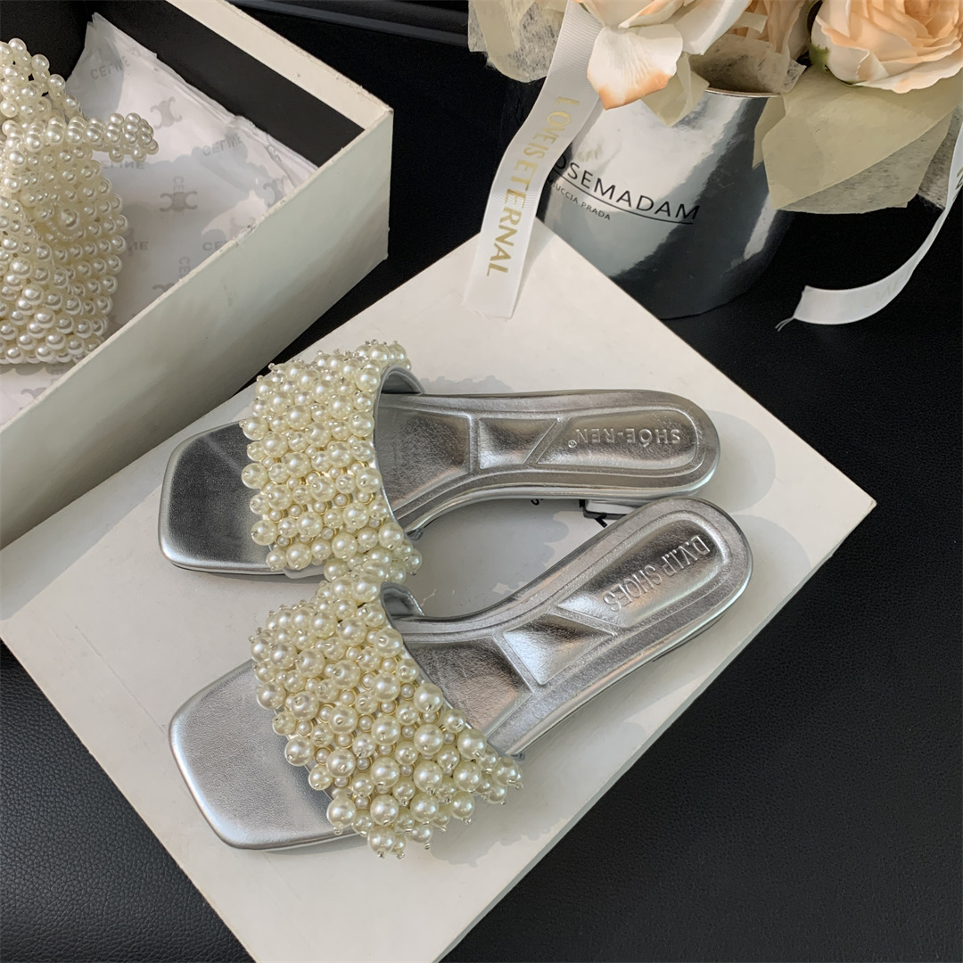 Shoes Square Toe Woman's Slippers Slides Low Fashion String Bead Block 2024 Summer Luxury Rome Hoof Heels Fabric PU Rubber