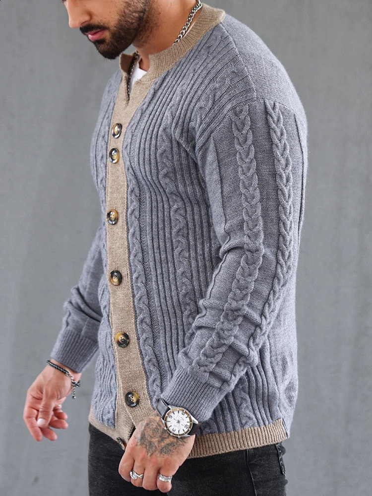 Retro patch work twisted jacquard knitted cardigan sweater mens classic Vneck button jacket casual 240906
