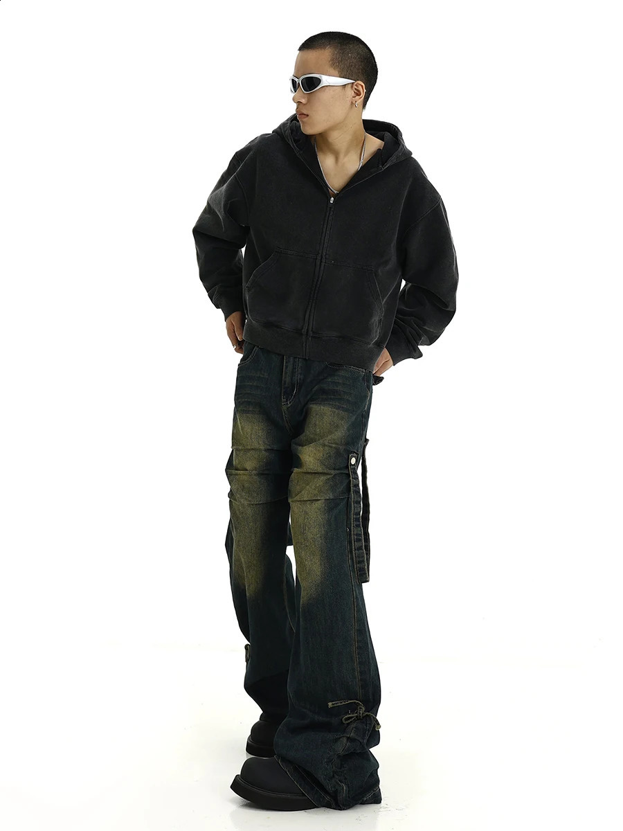 REDDACHiC Drawstring Stacked Flare Jeans Men Belt Deconstructed Whiskers Pleated Casual Wide Leg Bootcut Pants Hiphop Streetwear 240912