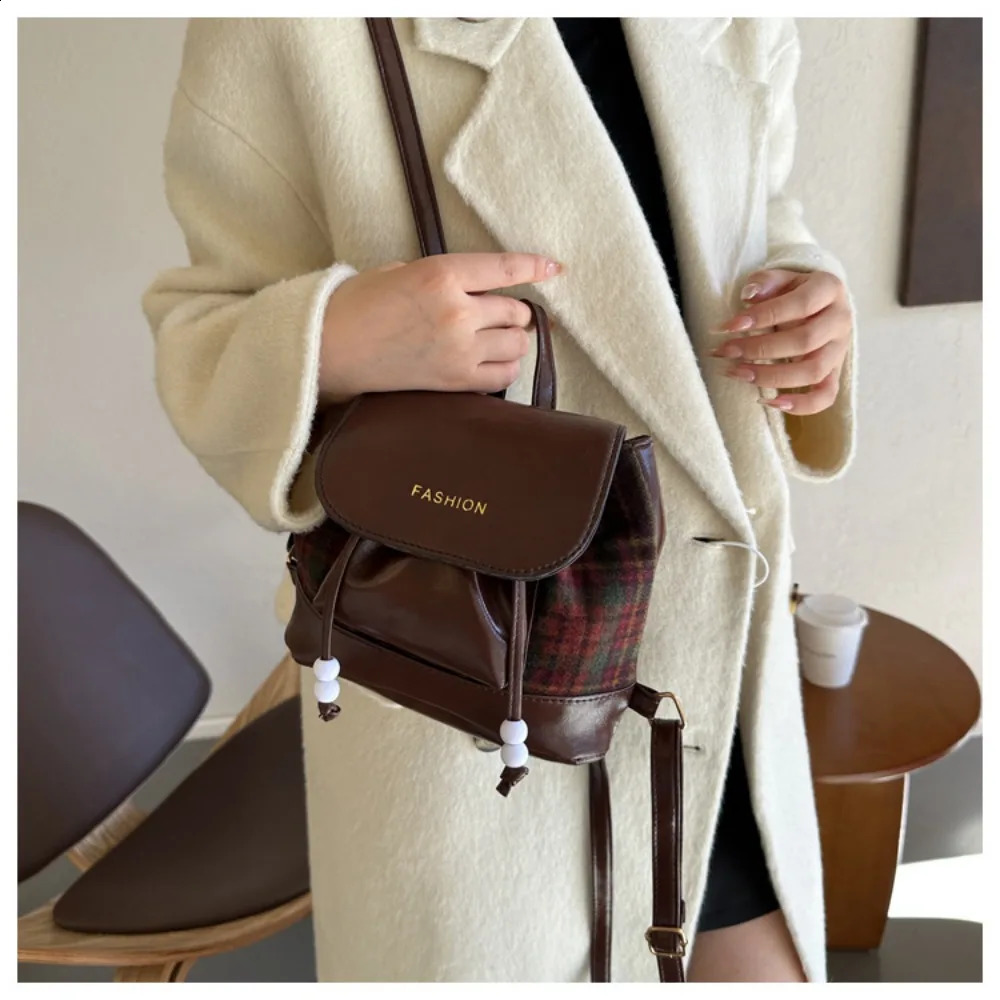 Creative PU Leather Travel Bag Wool Patchwork Drawstring Beading Bucket School Bag Checkered Bag 240912