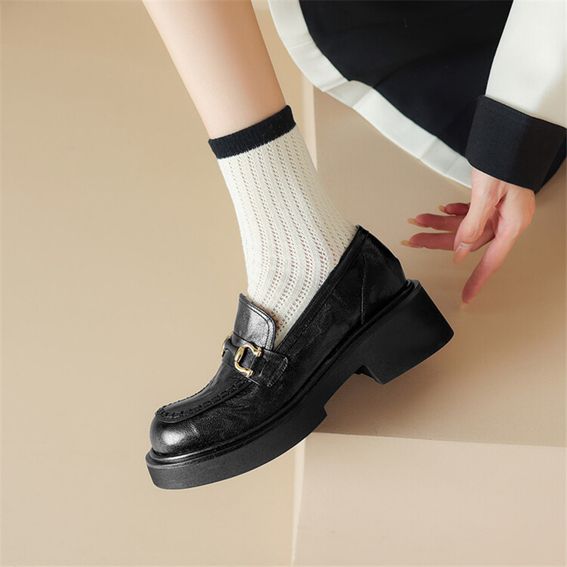New Autumn Winter Genuine Leather Loafers Woman Shoes Chunky Heel Round Toe Shoes for Women Ladies Shoes Platform Women Pumps