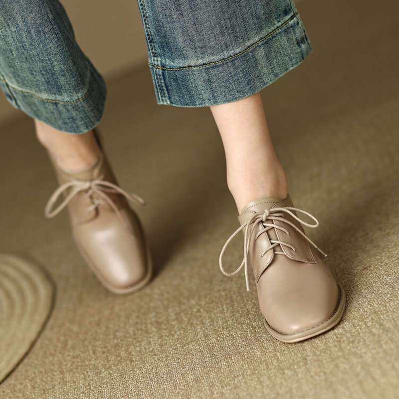 Spring/Autumn NEW Loafers Square Toe New High heels Split Leather Chunky Heel Pumps Women Plus Size Retro Lace Up Black Shoes 6906