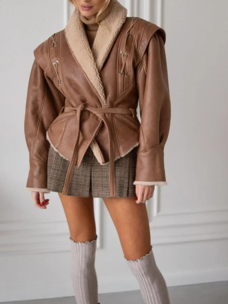 Fashionable cashmere leather patch work jacket with belt womens brushed tie lapel long sleeved ultrathin streetwear 240905