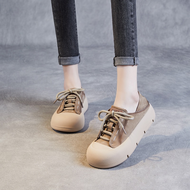 Retro Genuine Leather Lace-Up Round Toe Women's Platform Shoes 4