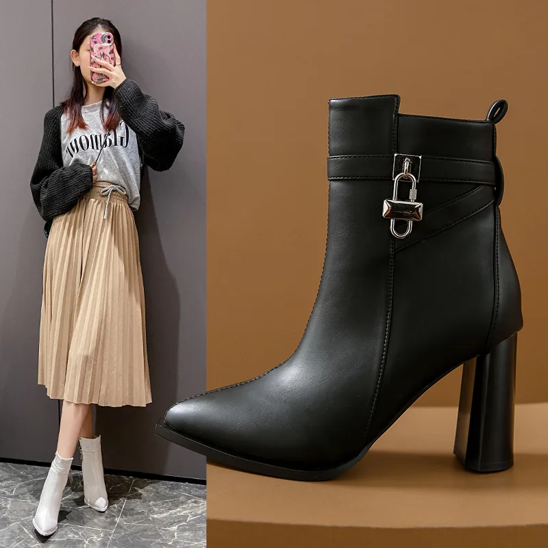 New Autumn Thick Heel Pointed Short Boots Side Zipper High Heels Women Shoes Metal Button Professional OL Ladies Ankle Boots