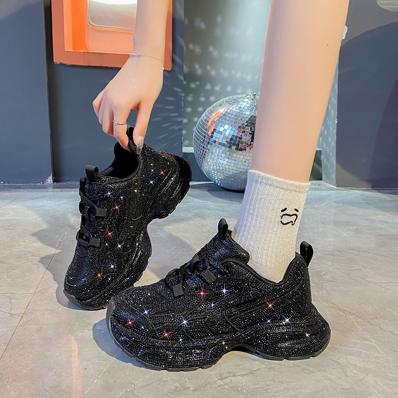 Youth Girls Chunky Crystal Sneakers Women Fashion Casual Breathable Height Increased Flat Platform Bg Shoes Footwear