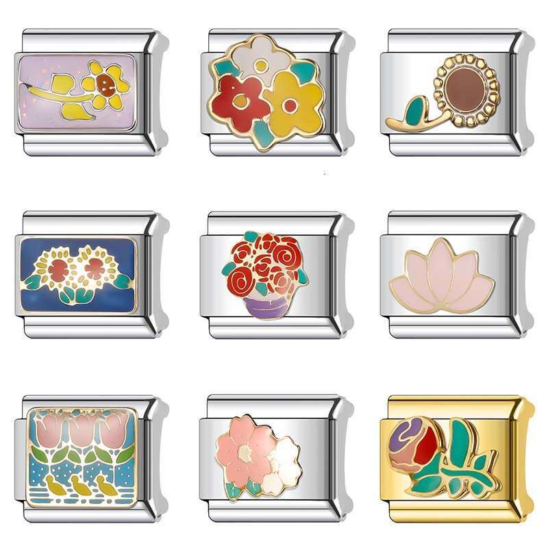 New Women's Gift Colorful flowers Bead Italian Charms Links Bangle Beads Fit 9mm Stainless Steel Bracelet Making DIY For Women Fashion Jewelry
