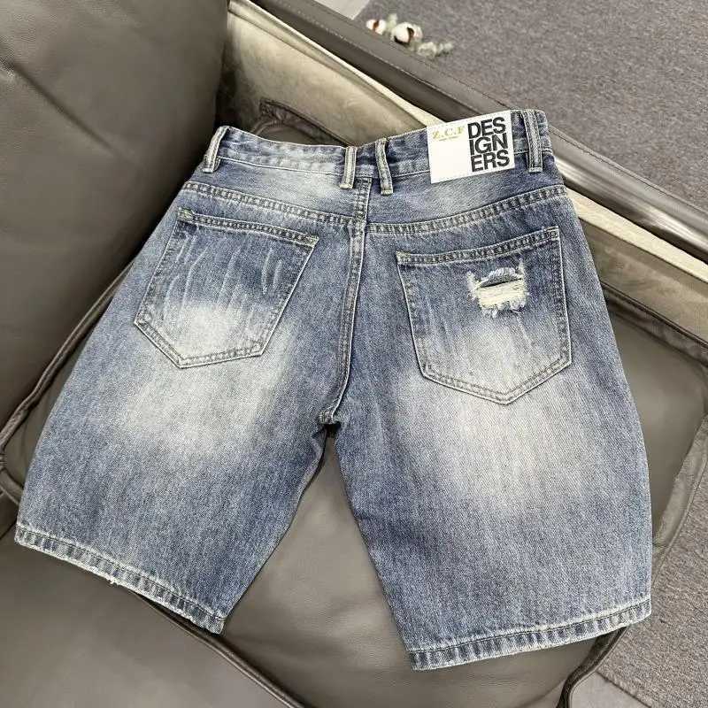 Summer Korean Luxury Clothing Cowboy Casual Denim Knee Length Punk Washed Hiphop Streetwear Distressed Hole Jeans Shorts for MenX240914