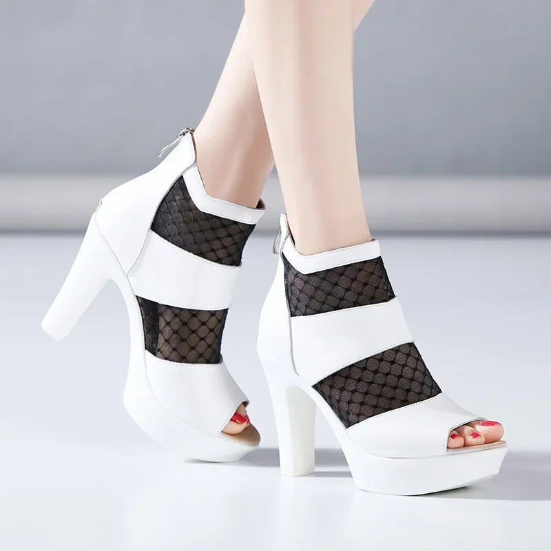 Small Size 32-43 Peep Toe Cutout Lace Soft Leather Shoes Women Summer 2024 Block High Heels Gladiator Sandals Sexy Booties