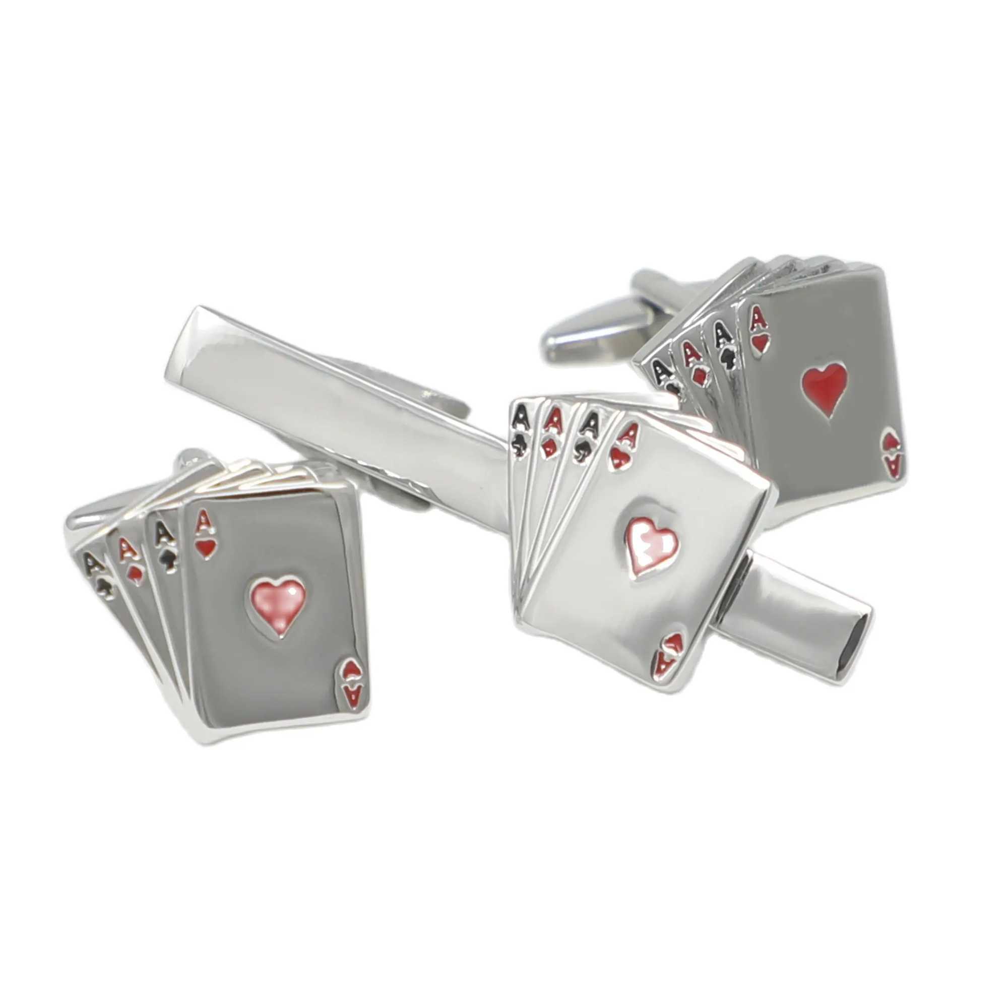 Poker Card Red Heart Cufflinks Tie Bar Set Four Aces Casino Cufflinks Tie Clip Set Fathers Day Men Birthday GiftX240914