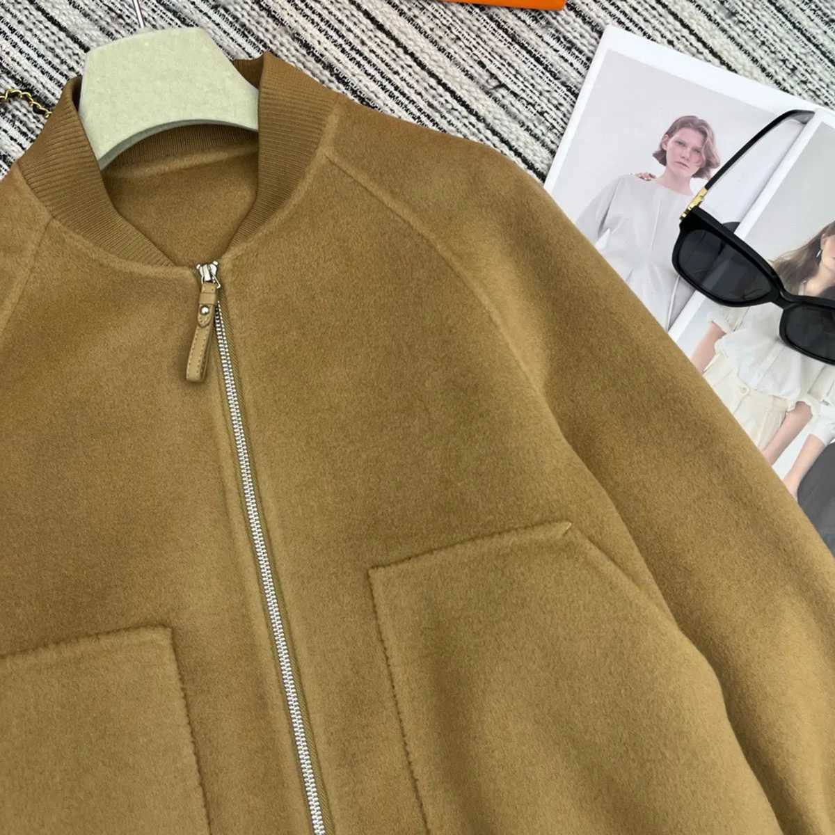 Womens Double sided Cashmere Jacket 2024 New Casual Simple High quality Cashmere Zipper Head Shoulder Sleeve Flying Jacket W240914