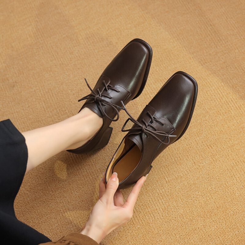 Genuine Spring/Autumn Leather for Square Toe Chunky Women Pumps Lace-up Black High Heel Shoes f005