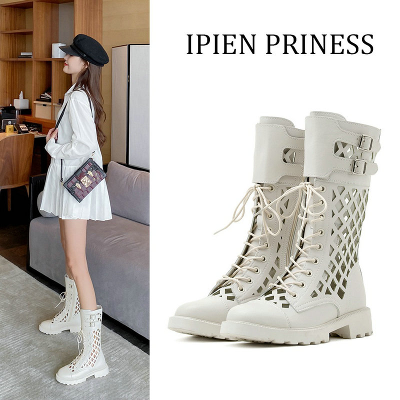 New 2024 Fashion Women Chunky Platform Ankle Black White Summer Hollow Out Breathable Cowhide Leather Zipper Middle Boots 39fd - view 3