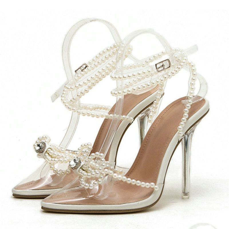 New Pointy French High Heels Sexy Shoes Sweet Pearl Bow Summer Rhindias Transparent Women's Style Sandals 82a2