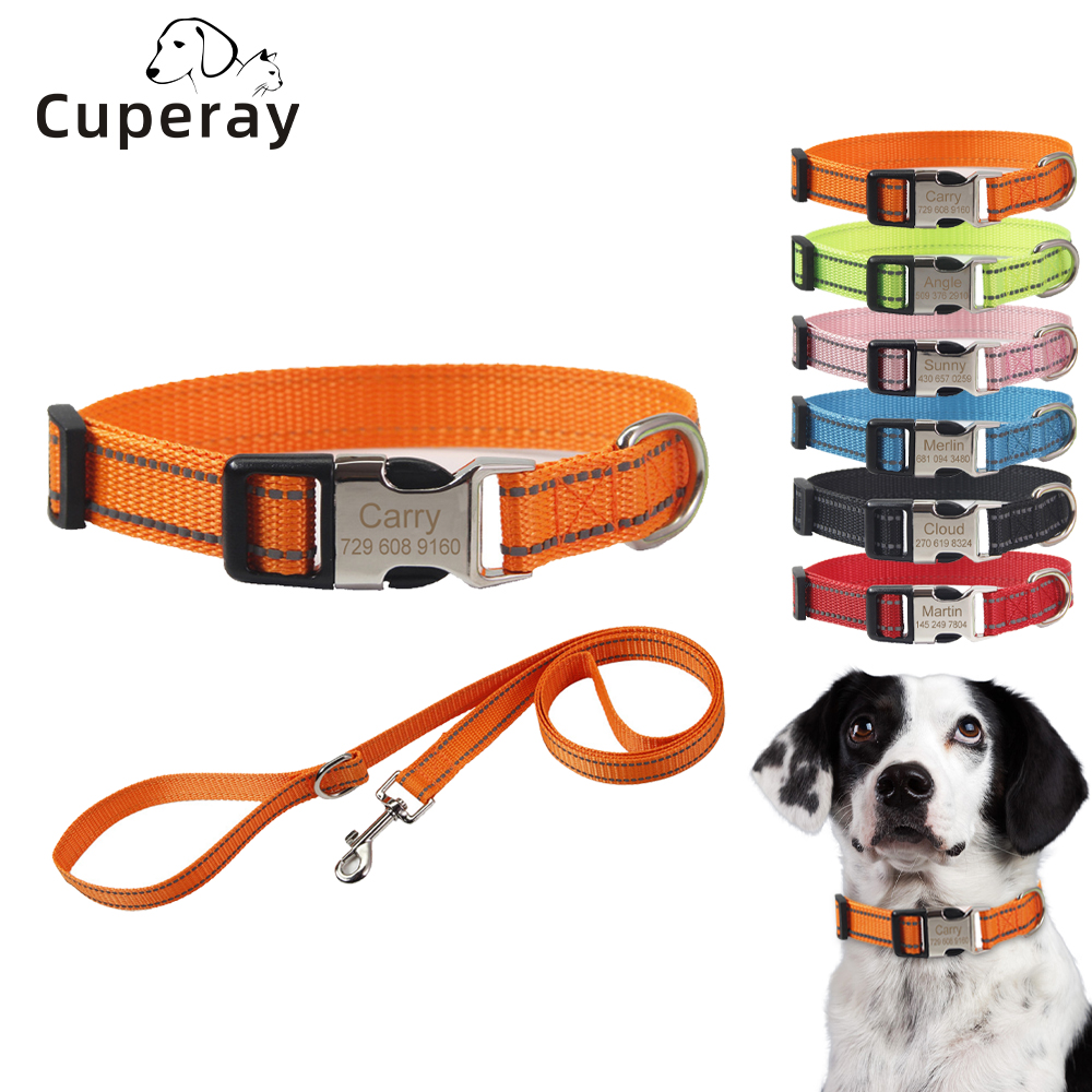 Custom Nylon Dog Collar Personalized Reflective Pet Collar with Leash Custom Name and Phone Tag for Large, Medium and Small Dogs