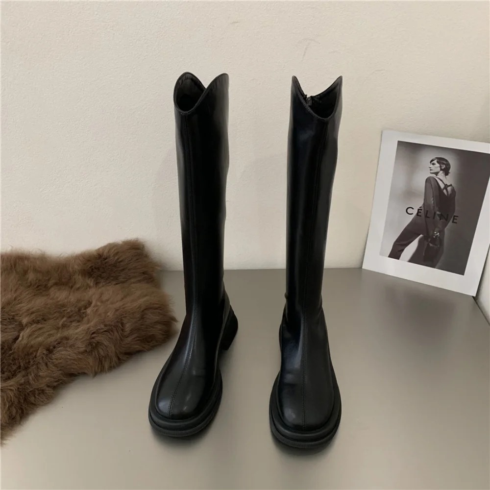 Women's Knee New Autumn PU Leather Female Shoes Low Heel Long Boots Slip on Chunky Botas for Woman 7342