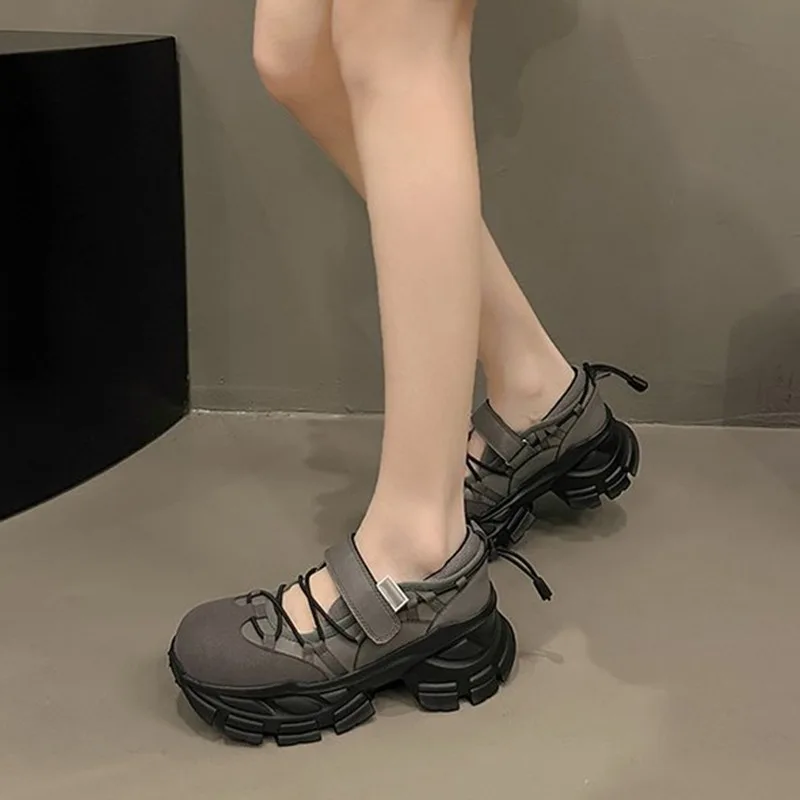 Retro Thick Bottom Mary Jane Shoes Women New Fashion Chunky Heel Women's Sneakers Black Gray Heightening Shallow Single Shoes