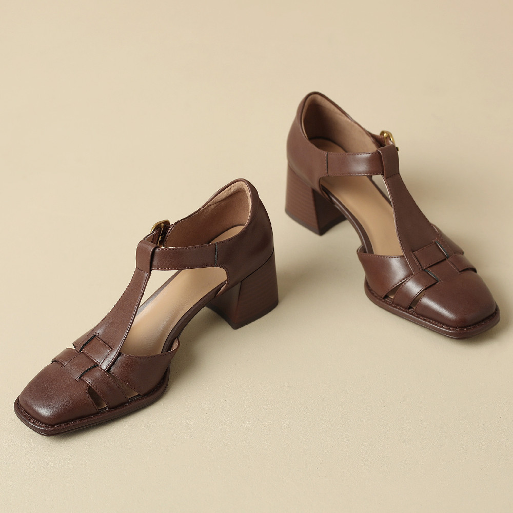 Women's Genuine Leather T-Strap Sandals Plus Size 34-42 | Casual Pumps