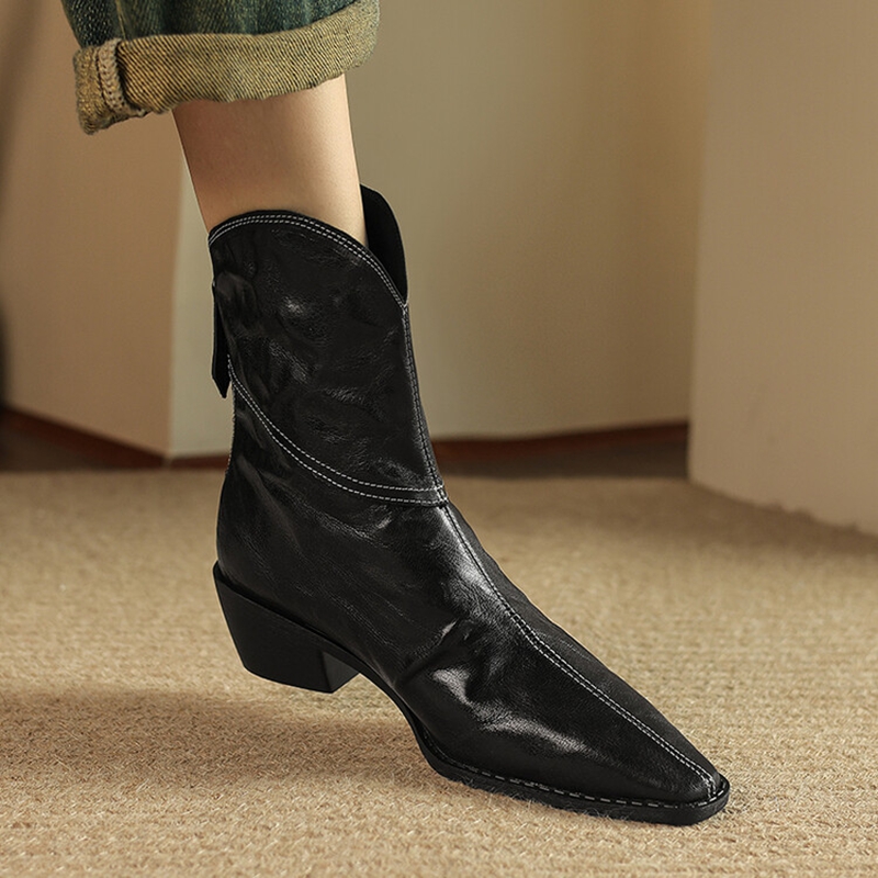 Autumn NEW Genuine Leather for Women Square Toe Chunky Heel Shoes Soft Zip Ankle Concise Western Boots da88