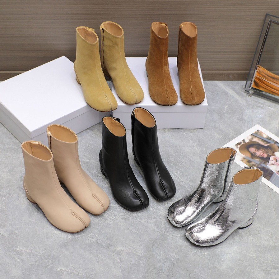 Soft Leather Tabi Boots Fashion Round Chunky High Heel Ankle Boots For Women Autumn Winter Split Toe Shoes p30d50