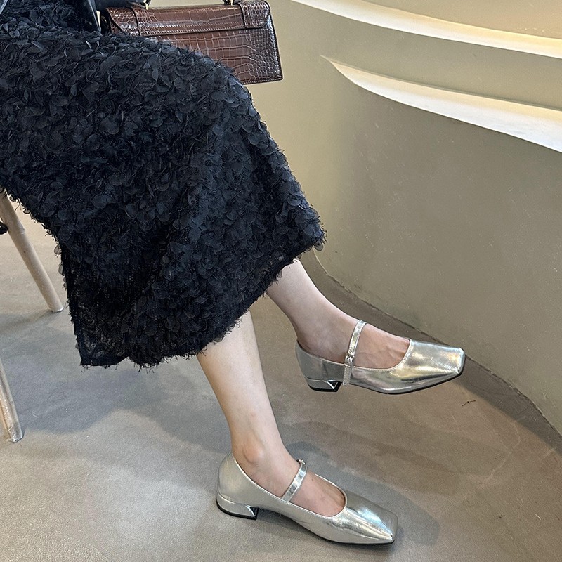 Femme Zapatos French Women Shoe Spring Low Heel Silver Leather Shoe Thick Heel Elegant Women Mary Jane Single Shoe туфли женские