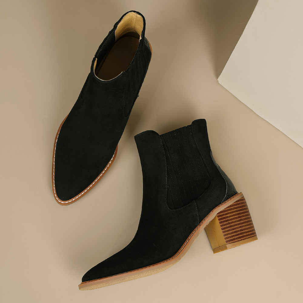 danxuefei women's natural suede leather autumn ankle boots 6cm thick high heel pointed toe slip-on OL style short booties shoes