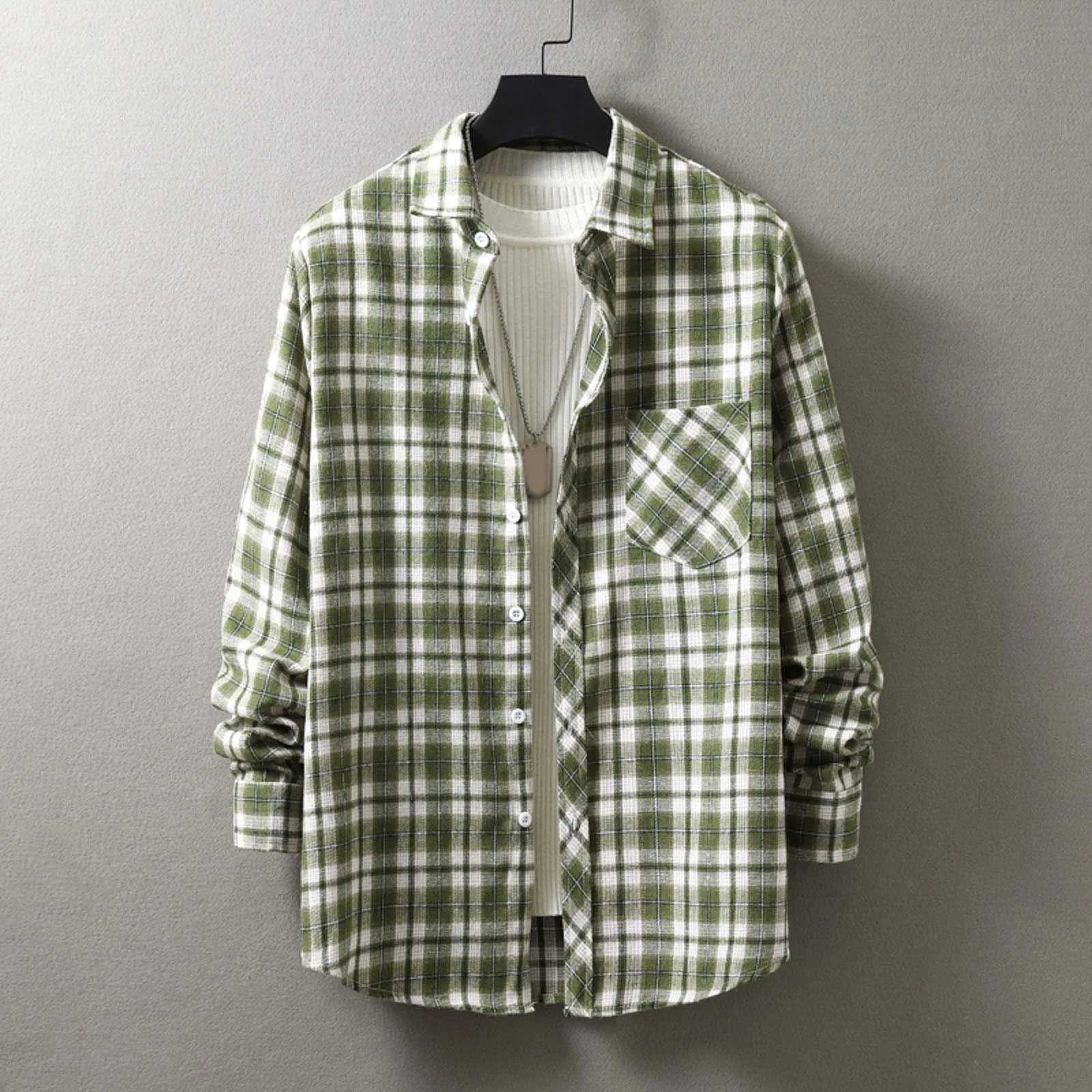 Men Fashion Plaid Flannel Shirt Long Sleeve Male Pocket Buffalo Plaid Shirts Printed Button Harajuku Checked Men Shirt XXL Z240914