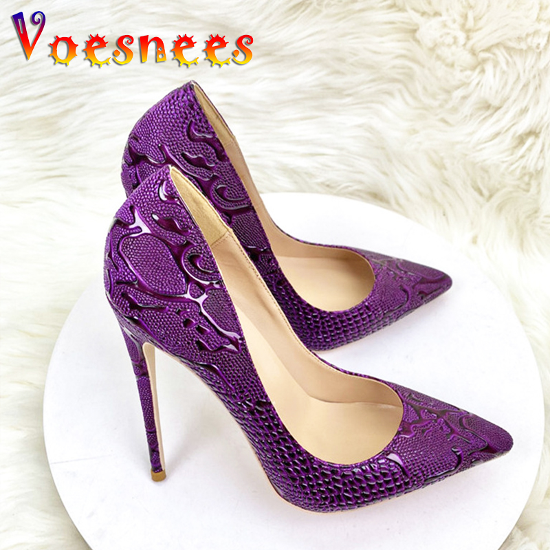 Purple Snake Patterned Luxury High Heels 12CM Pointed Thin Heel Single Shoes Comfortable Soft Leather Shallow Mouth Women Pumps