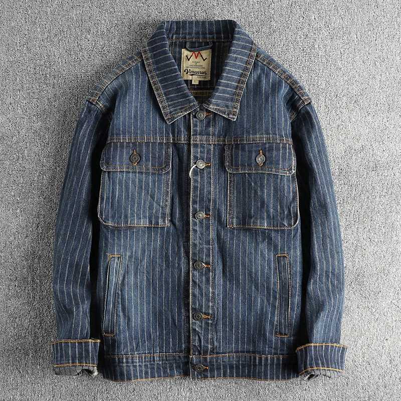 Khaki retro washed striped denim jacket suitable for mens comfortable and loose casual American jacket W240914