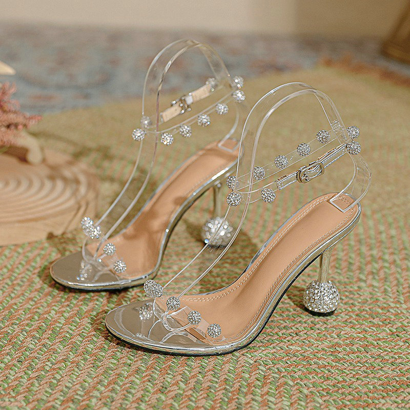 2024 Spring New Transparent Heels Rhinestone Special-shaped Heel Sandals Women Beautiful Sexy Fairy Wind Crystal Sandals