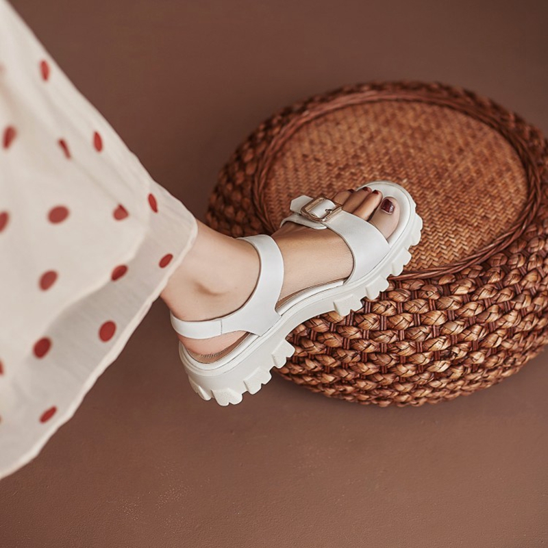 2024 New Summer Women Shoes Concise Thick Heel Leather Sandals Platform Shoes Platform Sandals White Genuine Leather Flats black