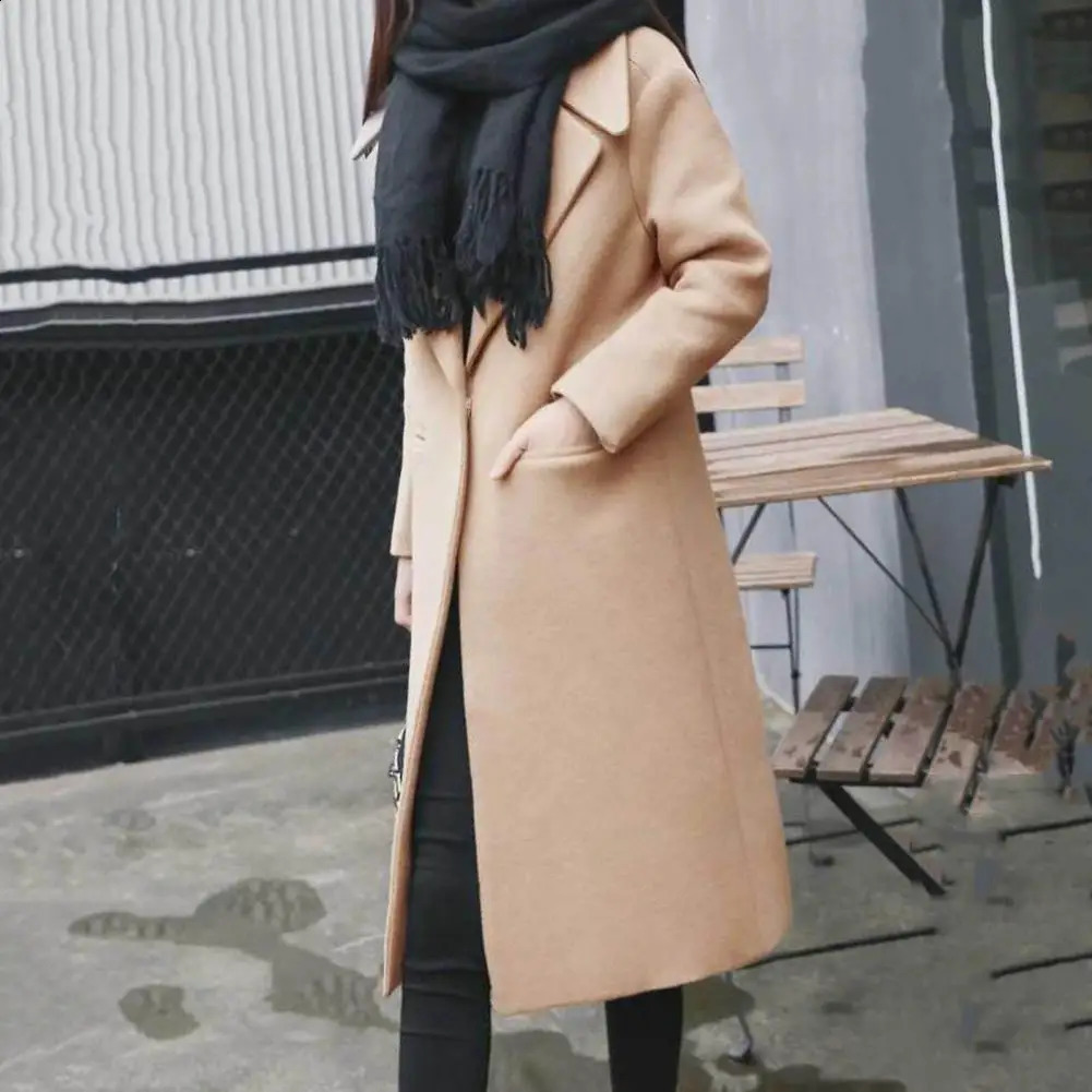 Women Winter Wool Coat Solid Color Cardigan Pockets Outerwear Thermal Single Button Elegant Overcoat Female Clothes For Dating 240905
