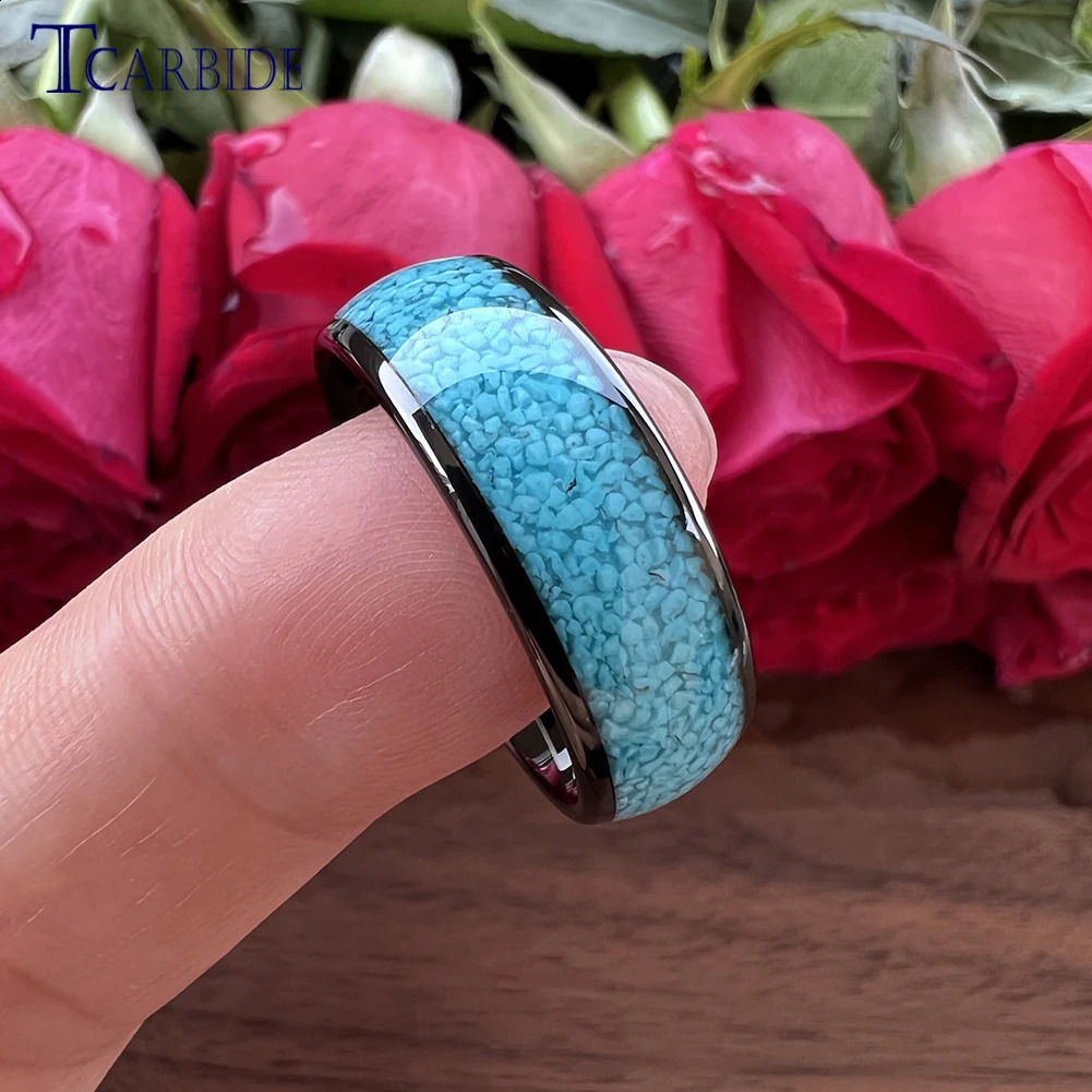 4MM 6MM 8MM multi-color turquoise ring mens womens beautiful tungsten engagement and wedding ring dome polished finish comfortable fit 240905