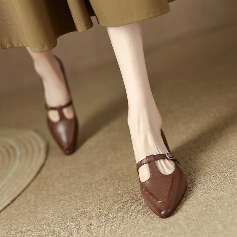 NEW Spring/Summer Women's Pumps Genuine Leather High Heels Pointed Toe Chunky Heel Shoes for Women Solid Mary Janes Party Shoes
