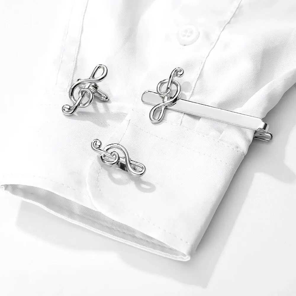 2 PCS Mens G Clef Cufflink Tie Clip Set With Blue Crystal Paved For Music-Lover Musicians Festival GiftX240914