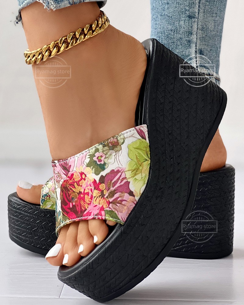 Sandals for Women Floral Print Peep Toe Platform Wedge Sandals Slip on Cool Slippers Soft Soled Non Slip Flat Beach Dark Heeled