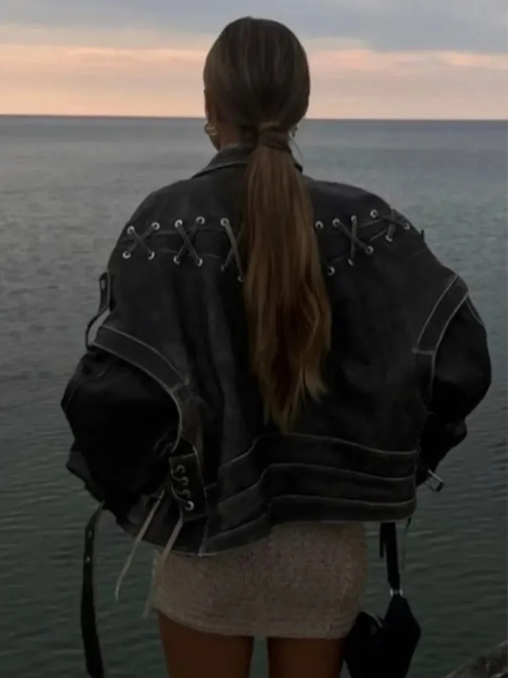 Long Sleeve Crop Coat Lapel Collar Lacing Design Pu Leather Jacket Women Vintage Patchwork 2024 Lady High Streetwear