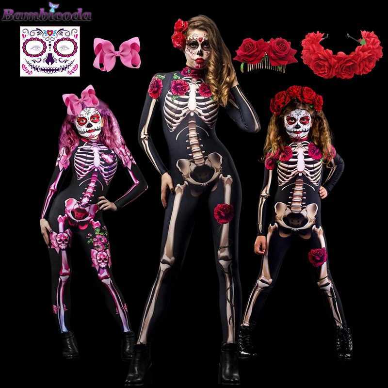 Adult sexy female horror ghost costume rose skeleton Halloween sexy devil jumpsuit children baby girl carnival party death day W240914