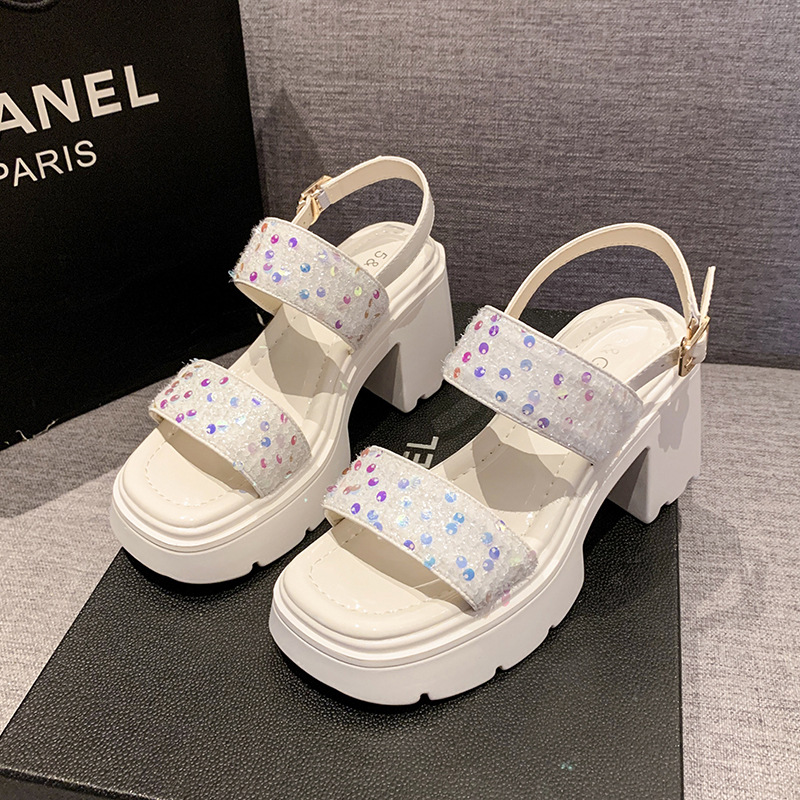 Sequins High-heeled Women's Sandals Summer Peep Toe Platform Fashion Shoes for Women Back Strap Chunky Heels Women Sandales Shoe