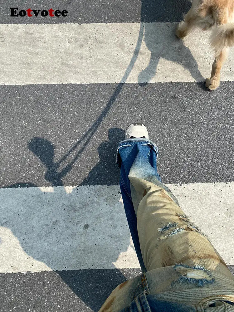 EOTVOTEE American Style High Street Jeans for Women Y2k Vintage Wide Leg Pants 2024 Model Casual Distressed Hole Jeans 240905