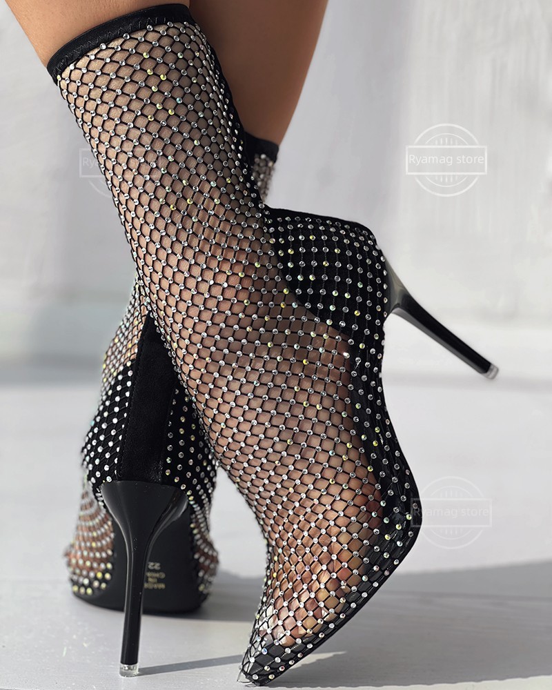 Sandals Women's Fishnet Mesh Rhinestone Stiletto Heel Boots Nightclub Crystal Bling Summer Super Stiletto High Heels Gladiator