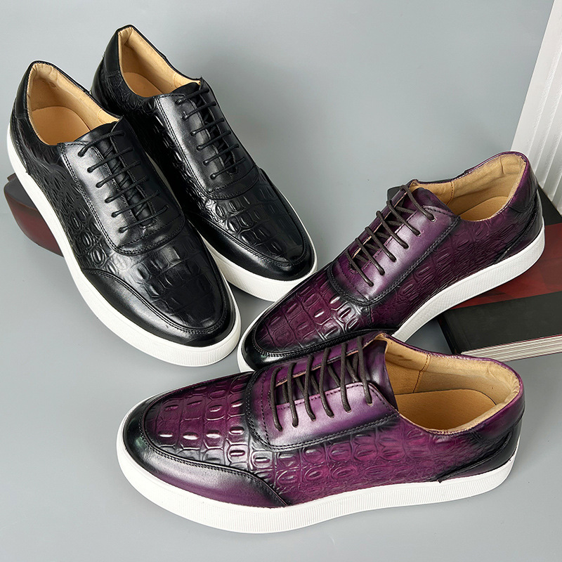 Newest 2023 Autumn Men Genuine Leather Casual Sneakers Lace Up Handmade Crocodile Design Men Daily Leather Footwear Purple