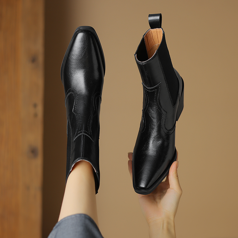 2024 Autumn Pointed Toe Chunky Heel Genuine Leather Women Shoes Short Modern Winter Boots ladies boots 7659